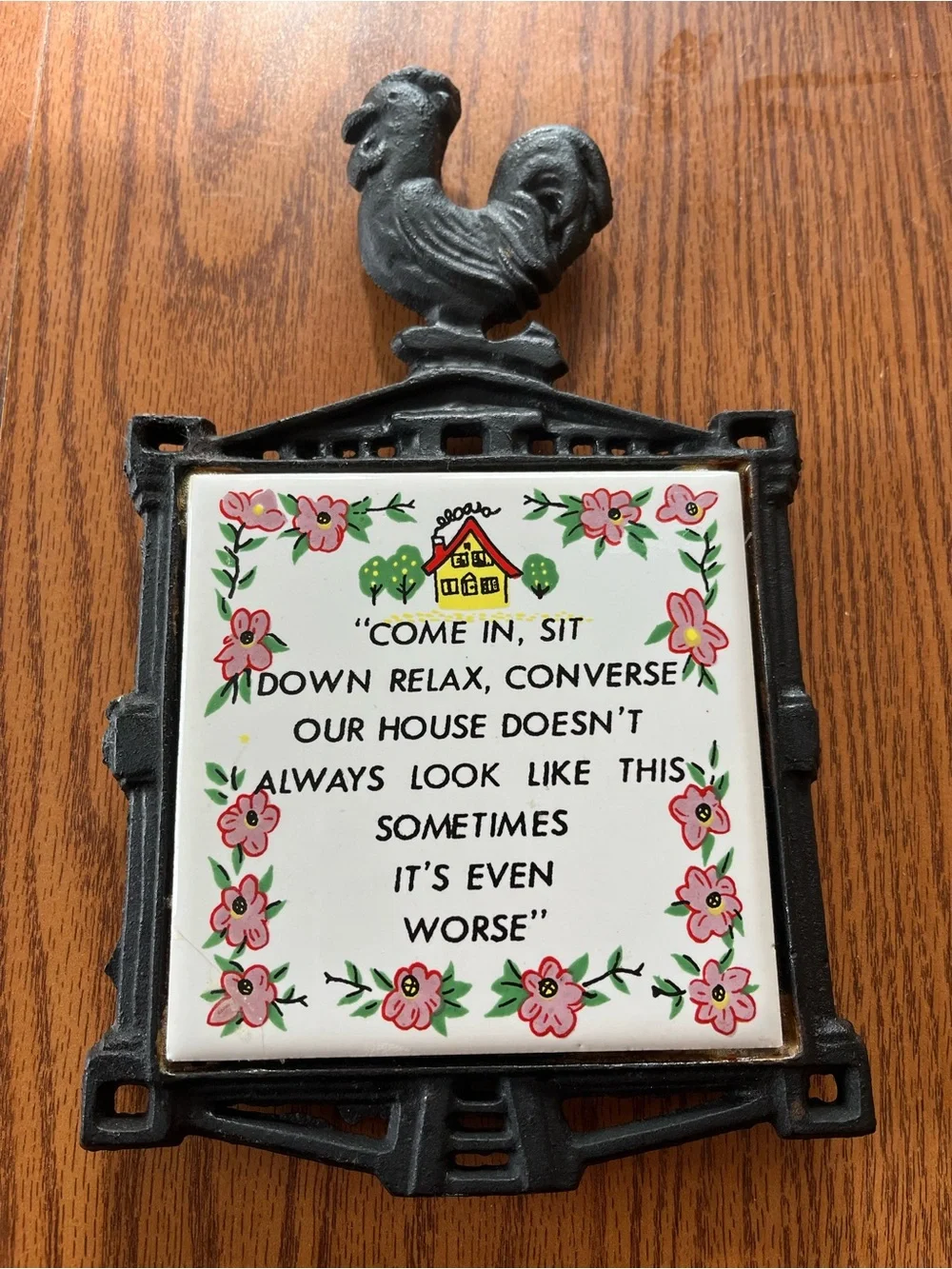 Rooster-Topped Tile Trivet Plaque with Pink Floral Border